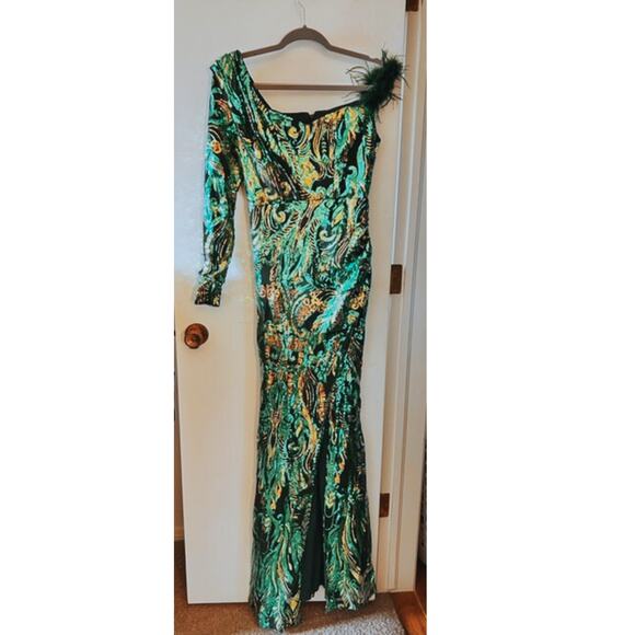 Sequin Green and Gold Gown, feathers, maxi - Picture 1 of 3